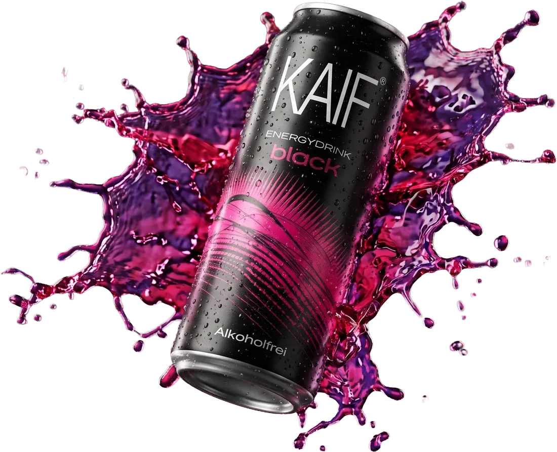 Dose KAIF black, freigestellt in einem magentafarbenen Spritzer