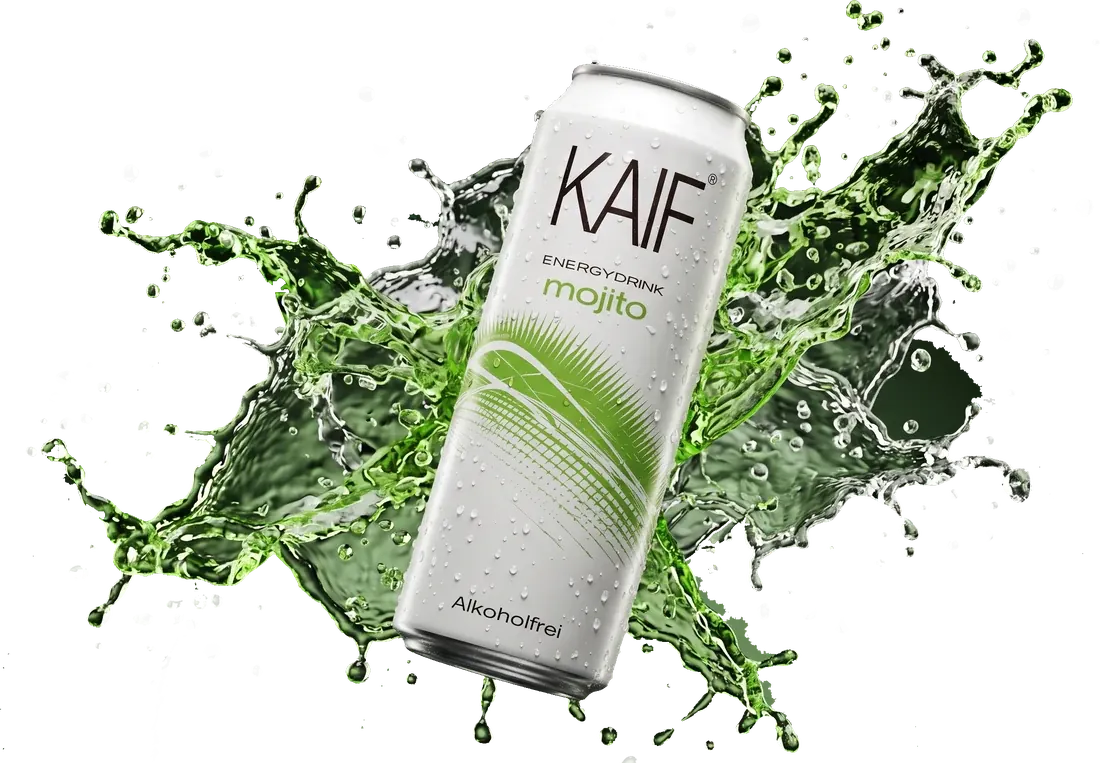Dose KAIF mojito, freigestellt in einem grünen Spritzer