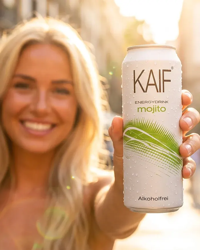 Junge Frau hält eine Dose KAIF mojito in die Kamera