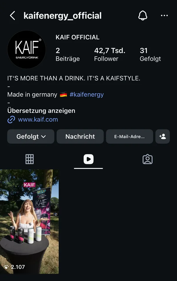Der Instagram-Kanal @kaifenergy_official mit Profilbild, Kurzvorstellung und dem ersten Reel